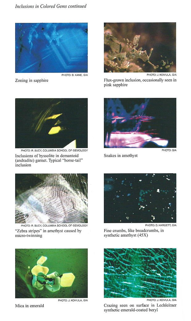 Микрофотографии различных диагностически значимых включений в бриллиантах, цветных камнях и искусственных материалах. 